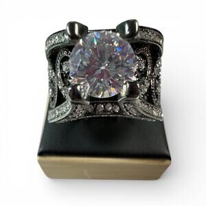 Large Brilliant Cut CZ Statement Ring - Wide Band Gunmetal Gothic Design Size 10